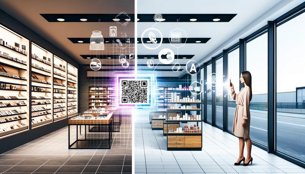 Modernes Geschäft mit großen Schaufenstern, integriertem Digitalbereich, Kundin scannt QR-Code am Regal und erhält Angebote auf dem Smartphone, abstrakte Icons symbolisieren die Verschmelzung von analog und digital