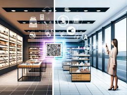 Modernes Geschäft mit großen Schaufenstern, integriertem Digitalbereich, Kundin scannt QR-Code am Regal und erhält Angebote auf dem Smartphone, abstrakte Icons symbolisieren die Verschmelzung von analog und digital