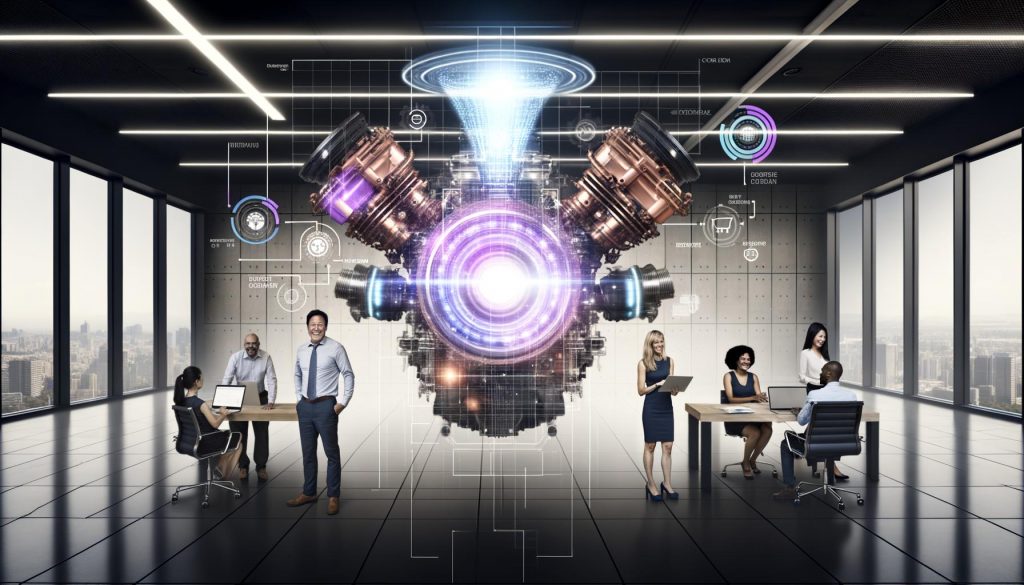 Futuristisches Kontrollzentrum mit Dashboard, das Facebook- und Cloudflare-Datenströme zeigt, Serverracks mit blauen und grünen Lichtern für Edge-Computing, Sicherheitsschild und europäische Skyline im Hintergrund.