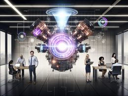 Futuristischer Hightech-Motor im Büro als leuchtender Kern, umgeben von Team mit digitalen Dashboards und Datenvisualisierungen, Symbol für Geschäftswachstum durch Technologie.