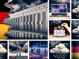 Eine dramatische Collage mit zerbrechendem „Cloud Made in Germany“-Logo, deutschen Flaggen, Serverracks mit Verbindungen zu US-Tech-Giganten, Sturmwolken mit Paragraphenzeichen, Balanceakt auf Datenschutz-Waage, Compliance-Mauer mit Datenlecks und Schlüsseln für Verschlüsselung in deutschen und US-Händen.