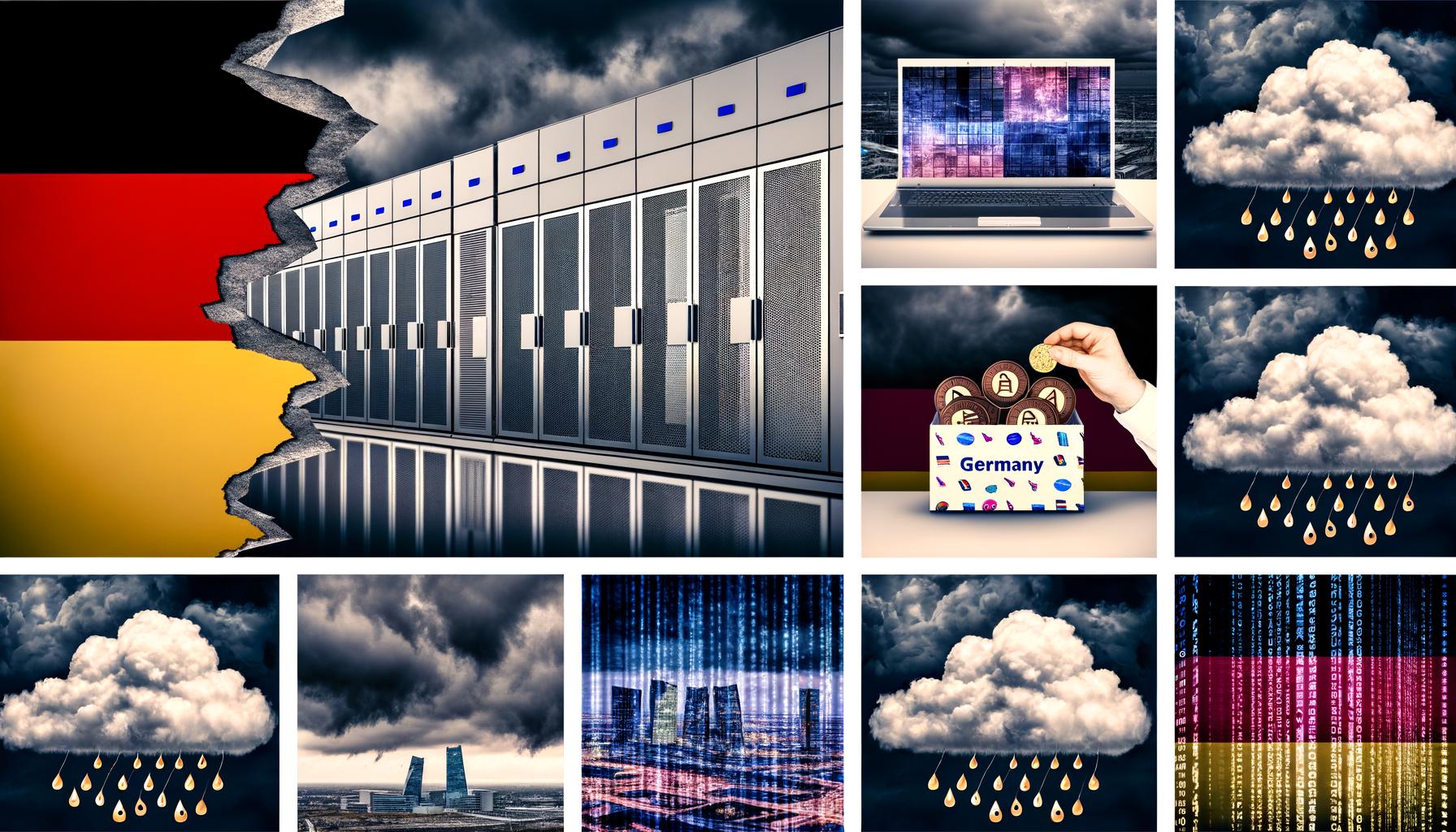 Eine dramatische Collage mit zerbrechendem „Cloud Made in Germany“-Logo, deutschen Flaggen, Serverracks mit Verbindungen zu US-Tech-Giganten, Sturmwolken mit Paragraphenzeichen, Balanceakt auf Datenschutz-Waage, Compliance-Mauer mit Datenlecks und Schlüsseln für Verschlüsselung in deutschen und US-Händen.