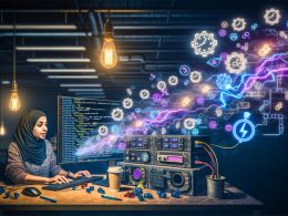 Entwickler an einem dunklen, neonbeleuchteten Arbeitsplatz mit GitHub Actions-Workflow und Symbolen für Automatisierung auf dem Bildschirm.