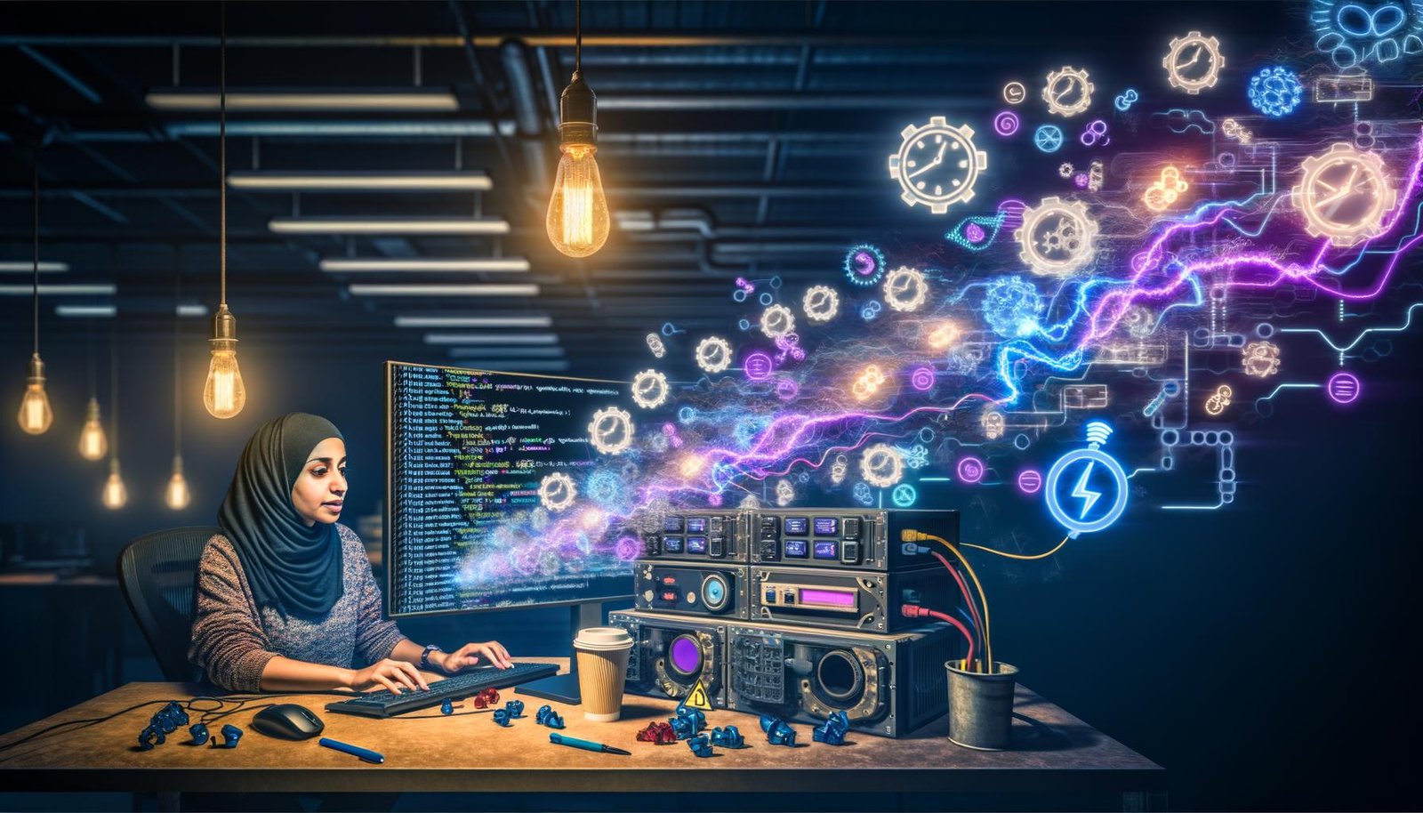 Entwickler an einem dunklen, neonbeleuchteten Arbeitsplatz mit GitHub Actions-Workflow und Symbolen für Automatisierung auf dem Bildschirm.