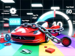 Leuchtend roter Ferrari auf Schreibtisch in moderner Büroumgebung, gehalten von Ketten und umgeben von Webseiten-Elementen wie CSS-Dateien, Bildern und Popups, Szene mit digitaler Stoppuhr im Tech-Noir-Stil illustriert.