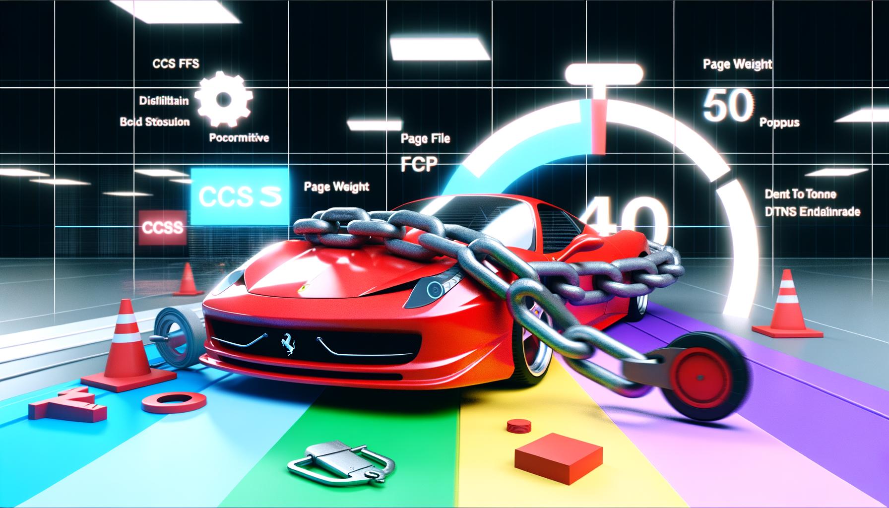 Leuchtend roter Ferrari auf Schreibtisch in moderner Büroumgebung, gehalten von Ketten und umgeben von Webseiten-Elementen wie CSS-Dateien, Bildern und Popups, Szene mit digitaler Stoppuhr im Tech-Noir-Stil illustriert.