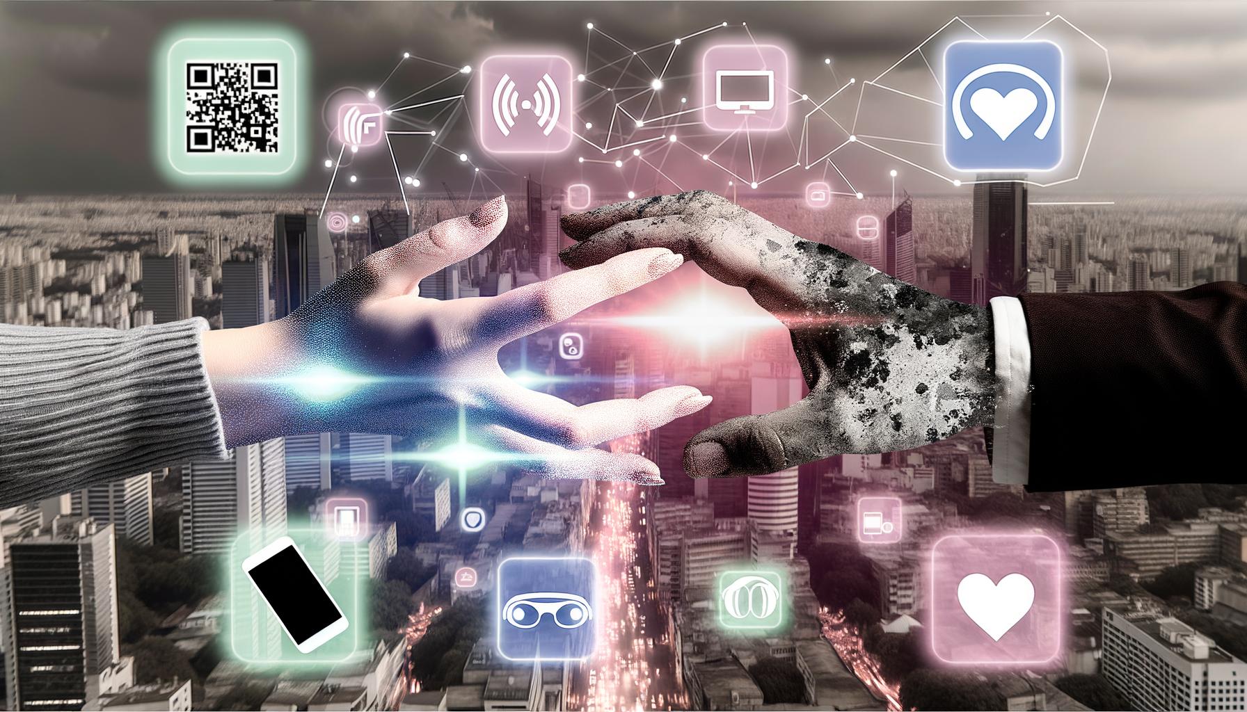 Digitale und physische Hand berühren sich über Stadtlandschaft mit Symbolen für NFC, QR-Code, AR-Brille, Smartphone, App-Icons, Datenströmen sowie analoge Objekte wie Schaufenster, Schuhe und Kaffeebecher.