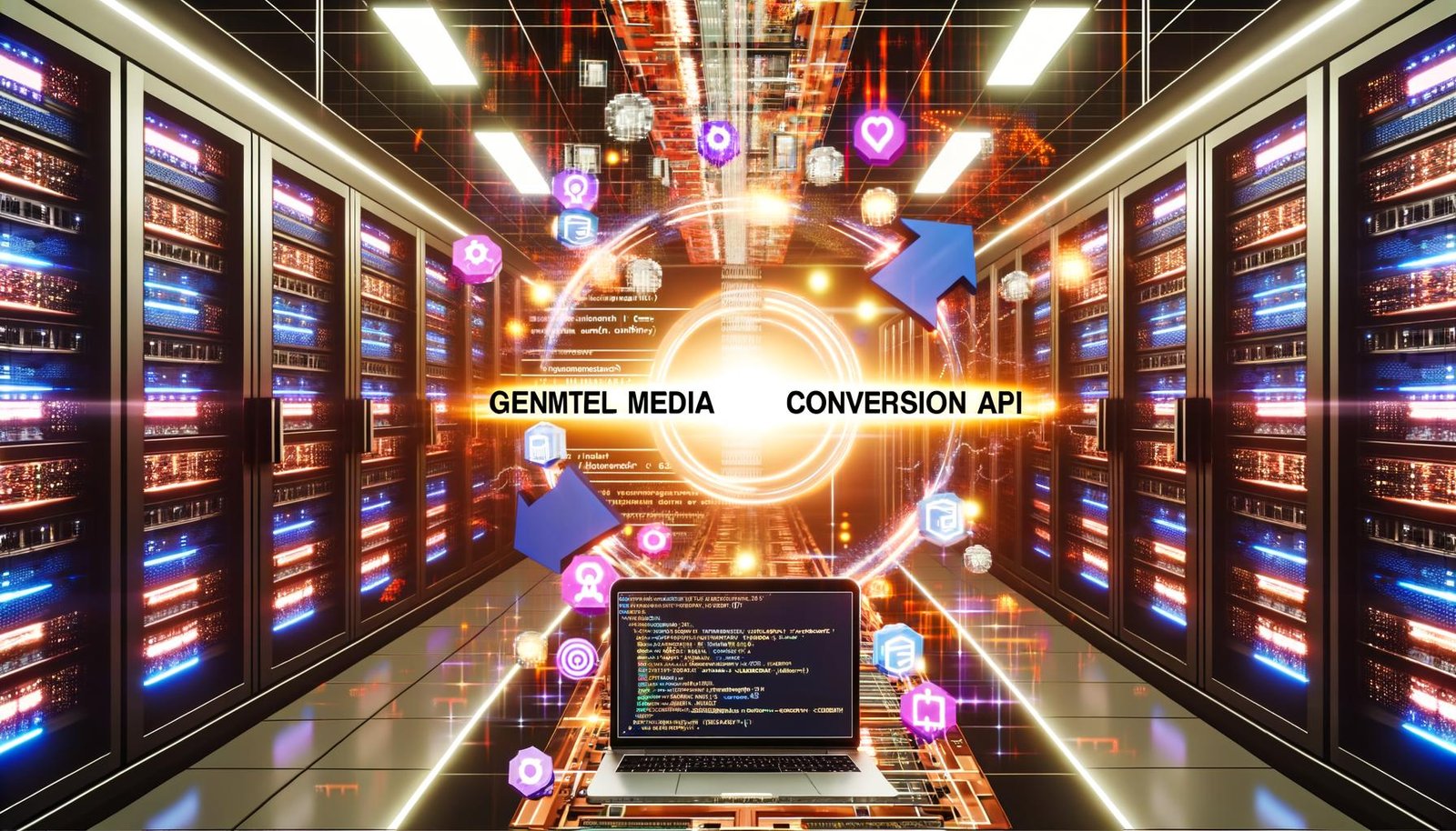 Visualisierung eines modernen Maschinenraums mit Serverracks, blinkenden Lichtern, zentralem Facebook Conversion API-Logo und Business-Elementen im Vordergrund