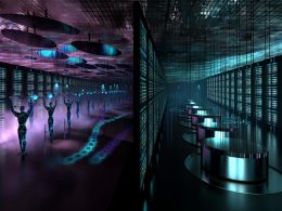 Moderner, schwach beleuchteter Serverraum als Techno-Club mit blauen und violetten Neonlichtern, tanzenden Datenschatten und zentralem DJ-Pult, Dateneffekte und binäre Code-Ströme sichtbar.