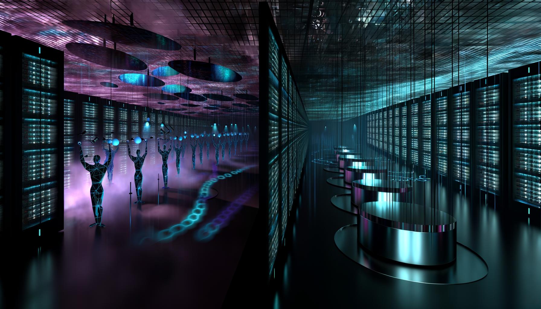 Moderner, schwach beleuchteter Serverraum als Techno-Club mit blauen und violetten Neonlichtern, tanzenden Datenschatten und zentralem DJ-Pult, Dateneffekte und binäre Code-Ströme sichtbar.
