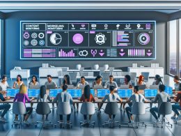 Moderne Redaktionszentrale mit großem Dashboard, Teams an Laptops sowie fortschrittlichen Technologien wie Headless CMS und Automatisierungswerkzeugen.