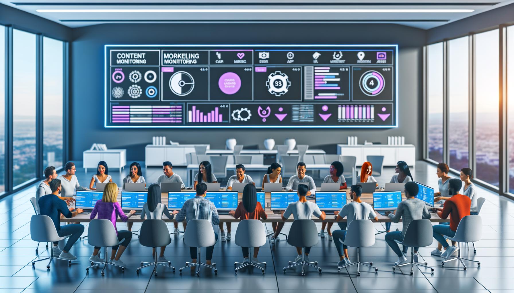 Moderne Redaktionszentrale mit großem Dashboard, Teams an Laptops sowie fortschrittlichen Technologien wie Headless CMS und Automatisierungswerkzeugen.