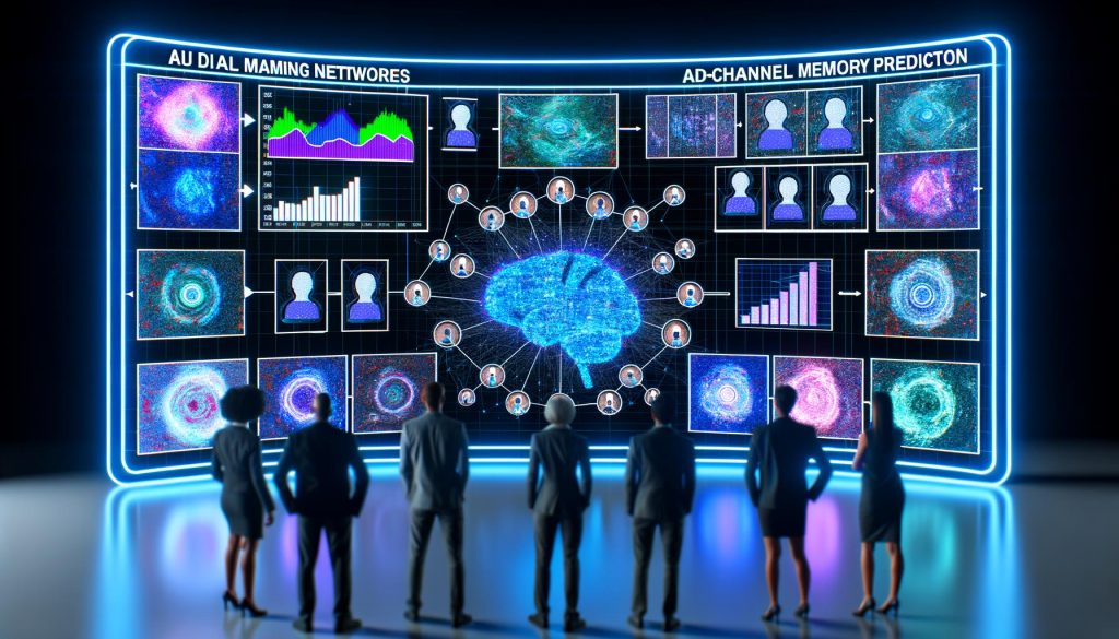 Futuristischer digitaler Marketing-War Room mit diversen Experten vor großen holographischen Screens, die KI-basierte Werbeanalysen, Heatmaps, Nutzerpfade und kanalübergreifende Vorhersagen darstellen.