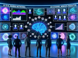 Futuristischer digitaler Marketing-War Room mit diversen Experten vor großen holographischen Screens, die KI-basierte Werbeanalysen, Heatmaps, Nutzerpfade und kanalübergreifende Vorhersagen darstellen.