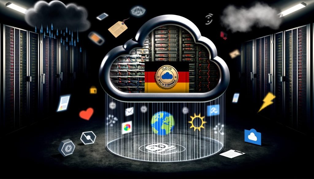 Glänzende Schutzhülle mit 'Cloud Made in Germany'-Siegel umgibt eine altmodische Serverfarm, während moderne digitale Symbole außen abprallen. Im Hintergrund sind verschwommene Logos von AWS, Google Cloud und Azure zu sehen.