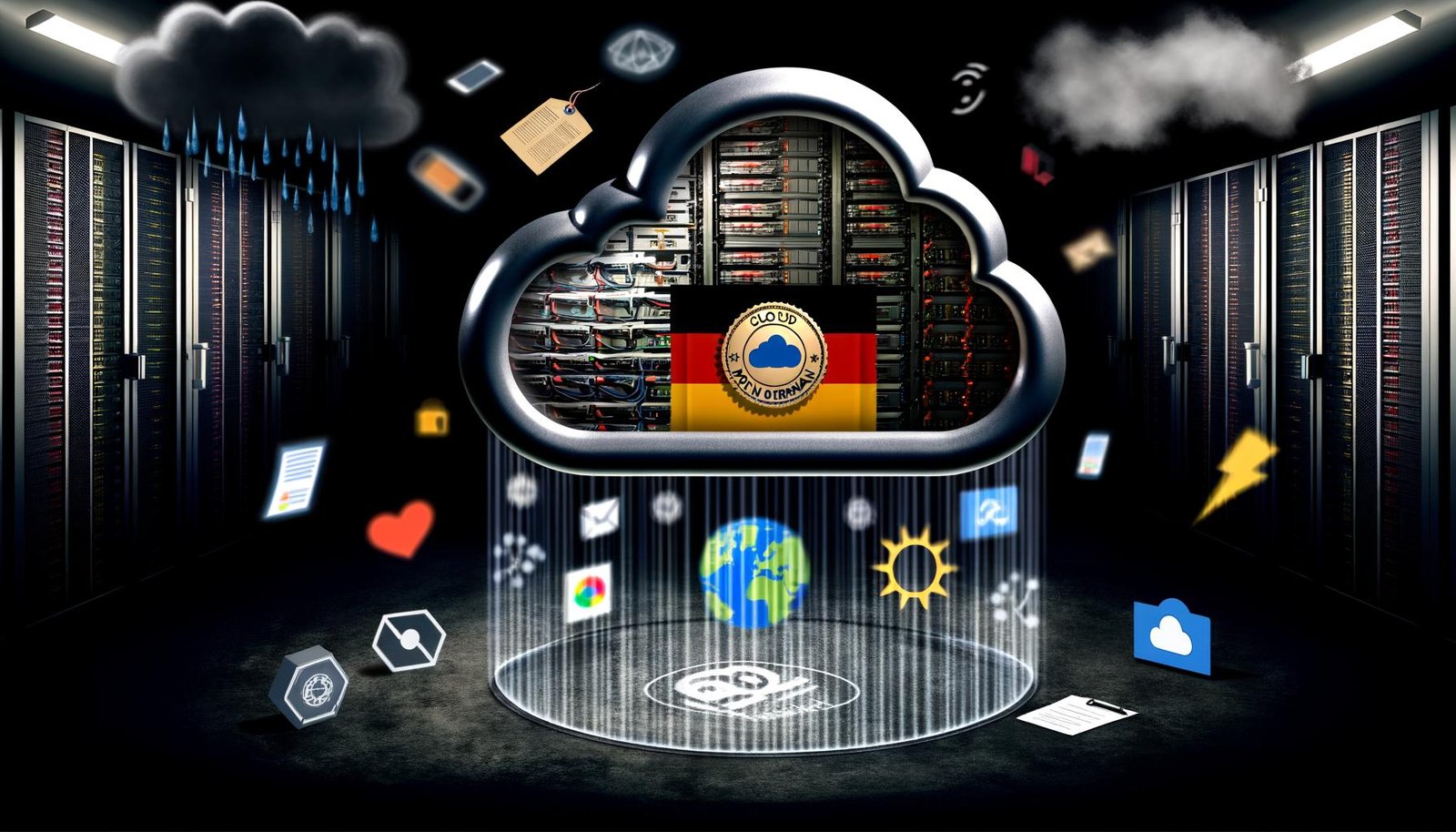 Glänzende Schutzhülle mit 'Cloud Made in Germany'-Siegel umgibt eine altmodische Serverfarm, während moderne digitale Symbole außen abprallen. Im Hintergrund sind verschwommene Logos von AWS, Google Cloud und Azure zu sehen.