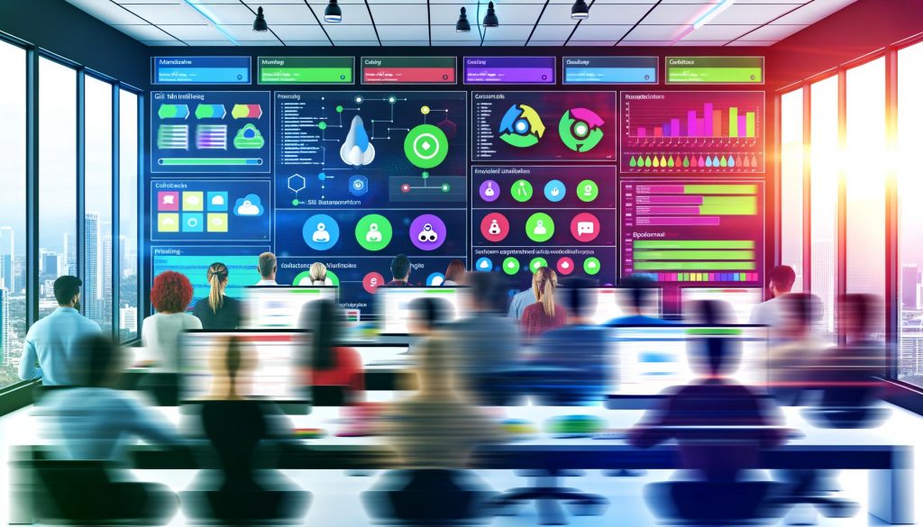 Marketer und Entwickler analysieren in einem modernen Büro GitHub-Pipelines auf mehreren Bildschirmen mit bunten Workflows und Automatisierungsgrafiken, während klassische Marketing-Tools im Hintergrund verblassen.