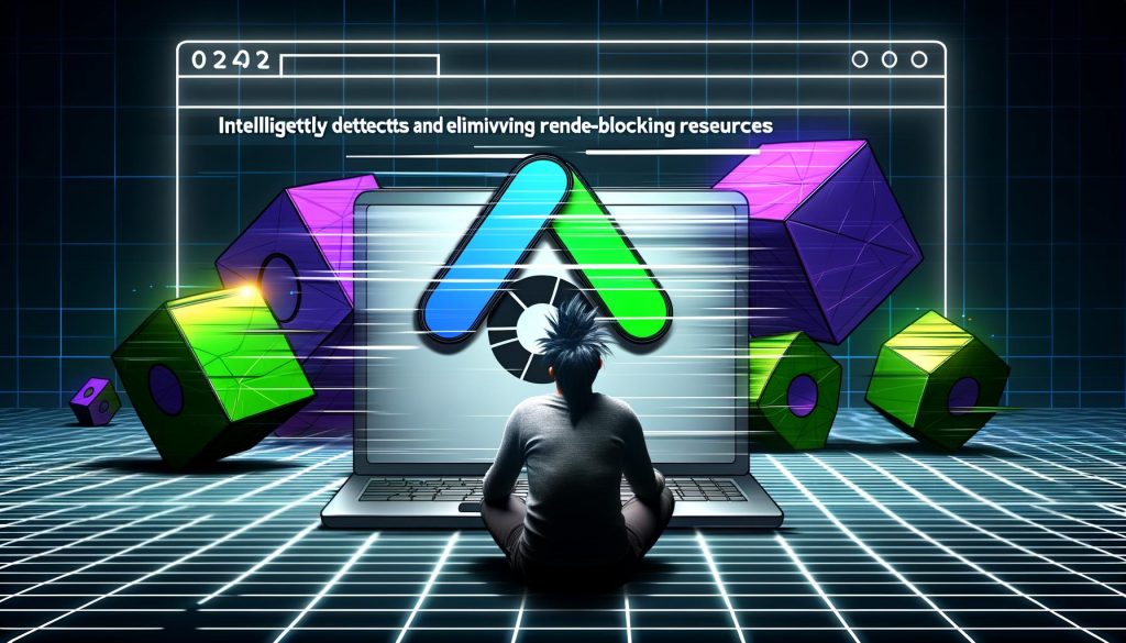 Gestresste Person vor Laptop mit Ladekreis, im Hintergrund große CSS-, JS- und Font-Dateien als Barrieren, Hightech-Infografik-Stil.