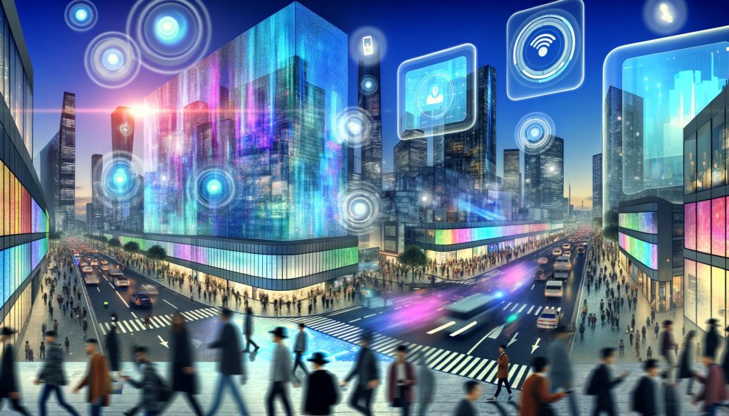 Menschen bewegen sich durch eine futuristische, digitale Großstadt mit transparenten Displays, leuchtenden Beacons und Smartphone-Interaktionen in urbaner Kulisse.