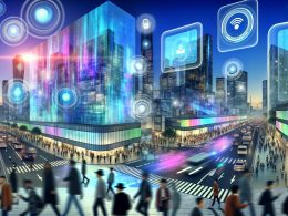 Menschen bewegen sich durch eine futuristische, digitale Großstadt mit transparenten Displays, leuchtenden Beacons und Smartphone-Interaktionen in urbaner Kulisse.