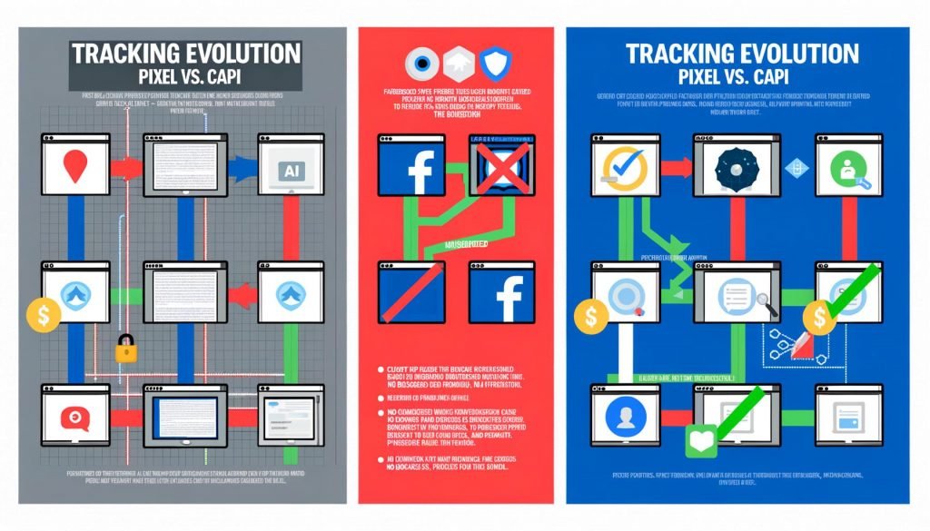 Infografik vergleicht blockiertes browserbasiertes Facebook Pixel Tracking mit serverseitigem, ungehindertem Facebook CAPI-Datenfluss inklusive Events wie PageView, Purchase, Lead.