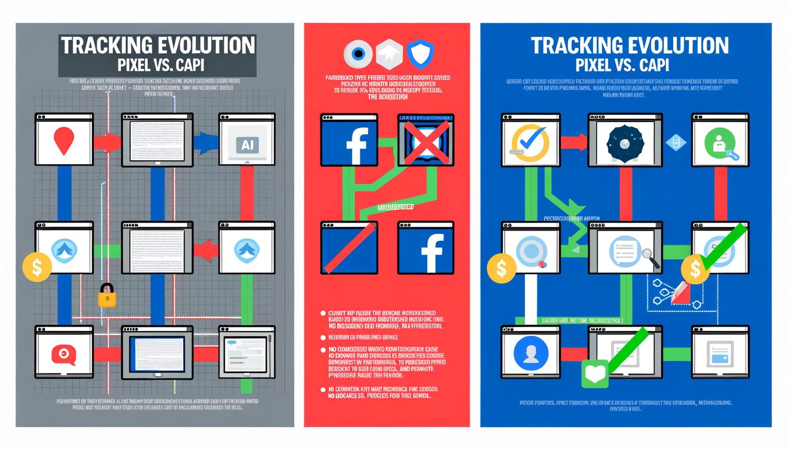 Infografik vergleicht blockiertes browserbasiertes Facebook Pixel Tracking mit serverseitigem, ungehindertem Facebook CAPI-Datenfluss inklusive Events wie PageView, Purchase, Lead.