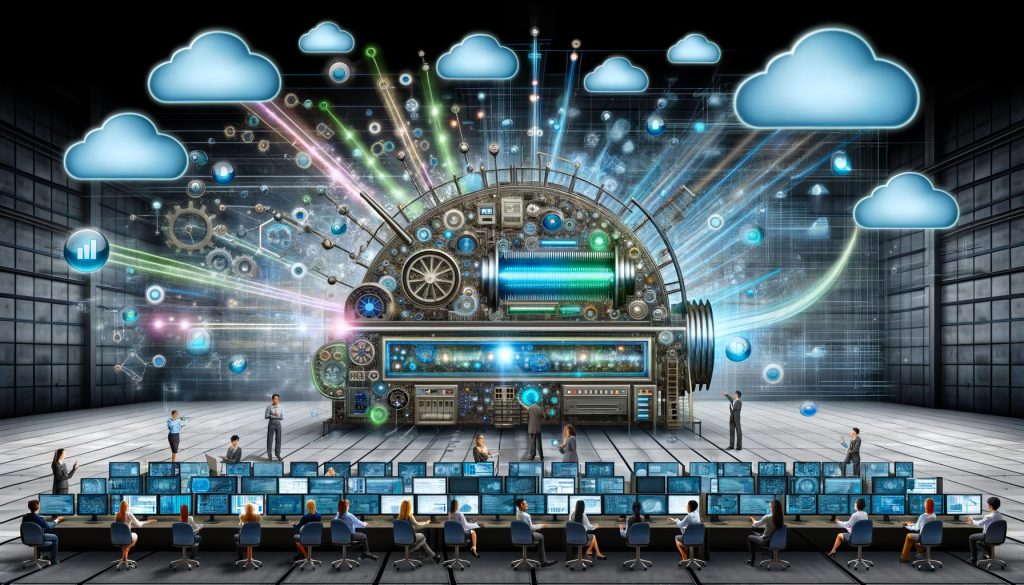 Hypermoderne digitale Maschine mit Datenströmen, Zahnrädern und Netzwerkkabeln im Zentrum, umgeben von einem kollaborierenden Team vor Bildschirmen mit Grafiken und Analysen.