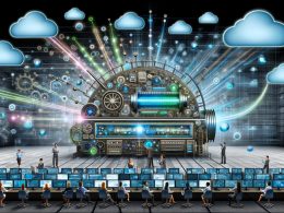 Hypermoderne digitale Maschine mit Datenströmen, Zahnrädern und Netzwerkkabeln im Zentrum, umgeben von einem kollaborierenden Team vor Bildschirmen mit Grafiken und Analysen.