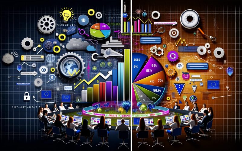 Stilisiertes Dashboard mit Webanalyse-KPIs, Menschen analysieren bunte Daten, Hintergrund mit Datenströmen und Datenschutz-Symbolen, Kontrast zwischen Optimierung und Blindflug