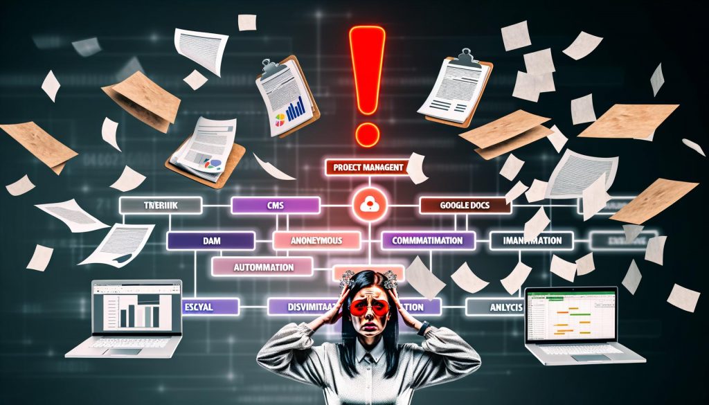 Gestresster Marketer mit chaotischen Tools, Post-its und überfälligem Whitepaper, kontrastiert von geordneten Content Ops Tools im modernen Stack-Design.