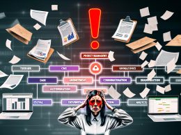 Gestresster Marketer mit chaotischen Tools, Post-its und überfälligem Whitepaper, kontrastiert von geordneten Content Ops Tools im modernen Stack-Design.