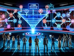 Marketingteam analysiert in dunklem, neonbeleuchtetem Raum lebendige Datenströme, holografische Funnels und KI-gesteuerte Touchpoints auf Bildschirmen und Projektoren.