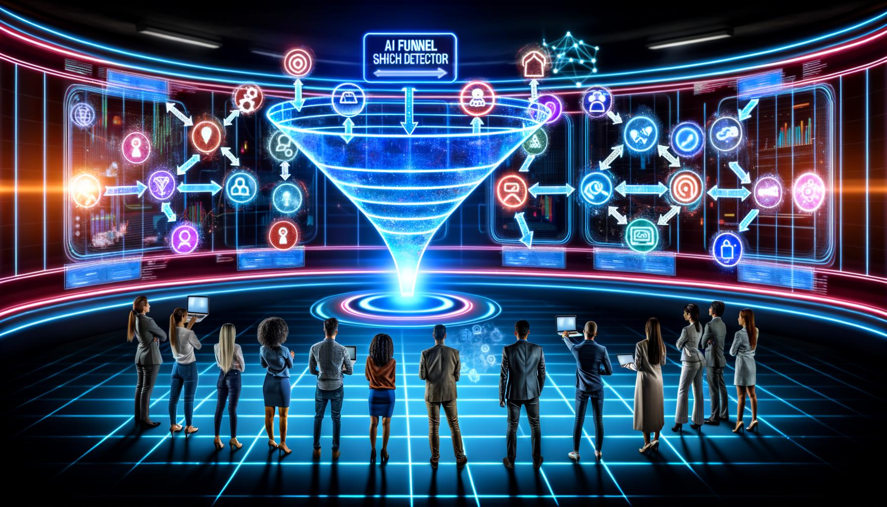 Marketingteam analysiert in dunklem, neonbeleuchtetem Raum lebendige Datenströme, holografische Funnels und KI-gesteuerte Touchpoints auf Bildschirmen und Projektoren.