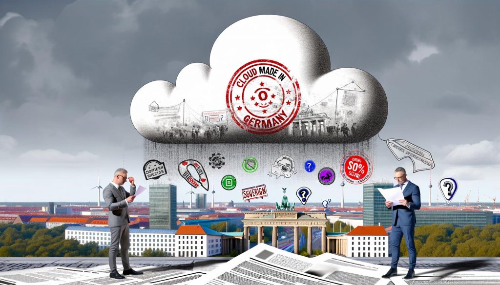 Titelbild zum Thema Cloud Made in Germany: Datenwolke mit deutschen Qualitätssiegeln über Berliner Skyline, Geschäftspersonen im Vordergrund prüfen kritisch Dokumente und Marketingbroschüren.