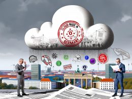 Titelbild zum Thema Cloud Made in Germany: Datenwolke mit deutschen Qualitätssiegeln über Berliner Skyline, Geschäftspersonen im Vordergrund prüfen kritisch Dokumente und Marketingbroschüren.