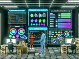 Futuristisches Studio mit Marketer und DevOps-Engineer an Monitoren mit GitHub, CI/CD und Conversion-Raten, zentralem GitOps-Dashboard und Wireframes an Glaswand.