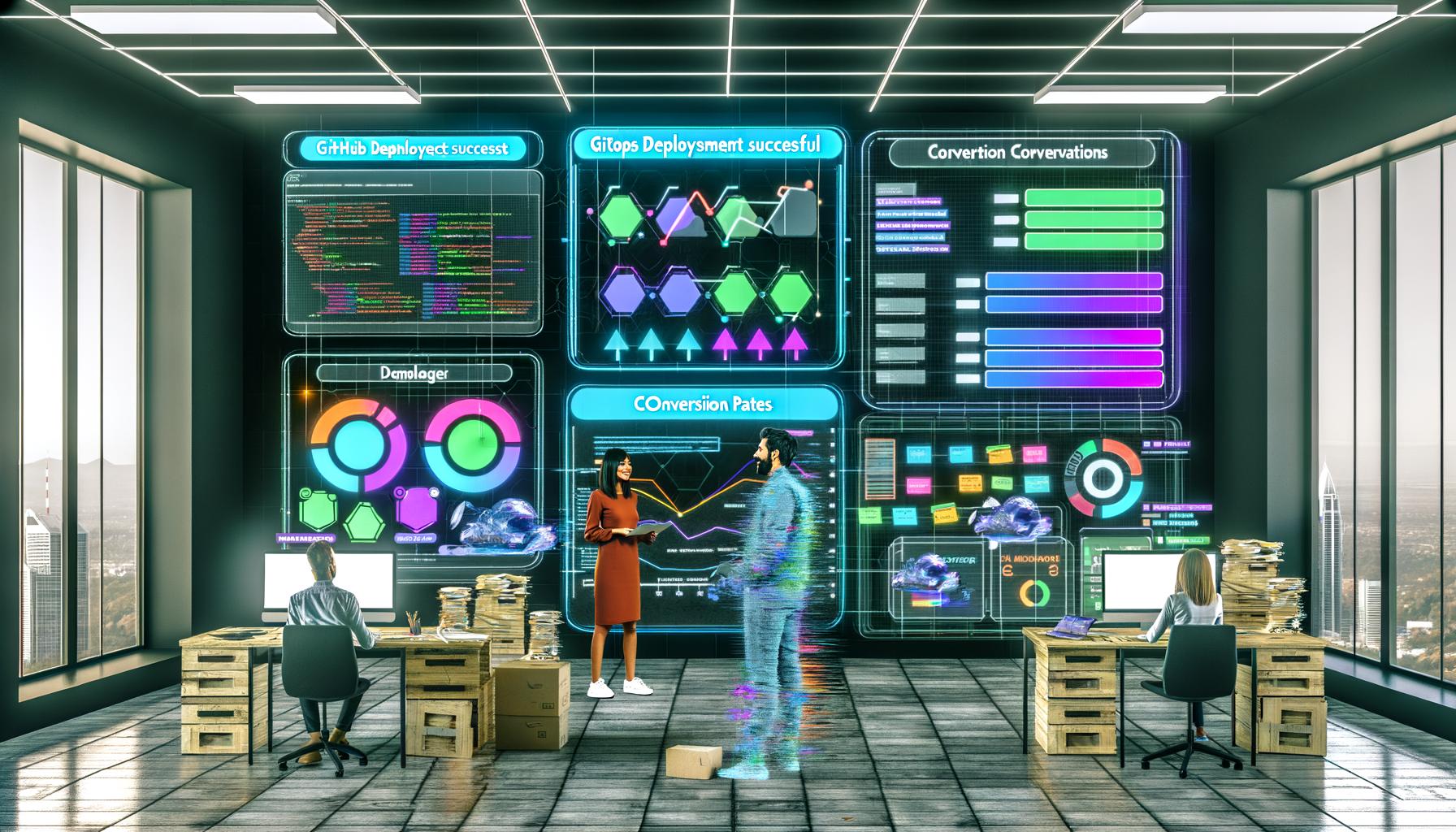 Futuristisches Studio mit Marketer und DevOps-Engineer an Monitoren mit GitHub, CI/CD und Conversion-Raten, zentralem GitOps-Dashboard und Wireframes an Glaswand.