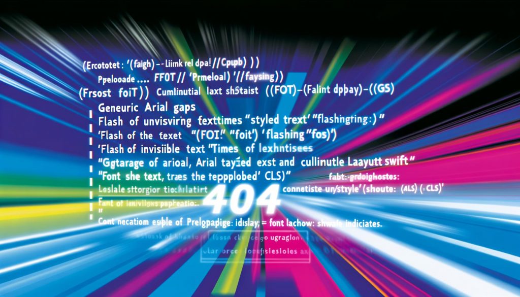 Moderne Illustration eines Webbrowsers mit morphenden Buchstaben, unsichtbaren Zeichen, Layoutverschiebungen und eingeblendeten Code-Snippets zur Optimierung von Webfonts.