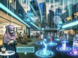 Futuristische Stadt mit Menschen, die zwischen modernen Gebäuden holografische Anzeigen, interaktive Displays und AR-Overlays erleben. Eine Frau scannt im Café einen QR-Code, smarte Regale zeigen digitale Produktinformationen.