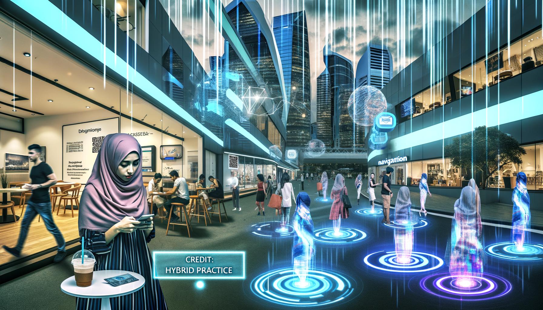 Futuristische Stadt mit Menschen, die zwischen modernen Gebäuden holografische Anzeigen, interaktive Displays und AR-Overlays erleben. Eine Frau scannt im Café einen QR-Code, smarte Regale zeigen digitale Produktinformationen.