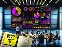 Junges, urbanes Marketingteam im modernen Büro analysiert bunte Dashboard-Datenvisualisierungen, während einer auf einen auffälligen Peak zeigt und ein Notizbuch mit kritischen Anmerkungen im Vordergrund liegt.