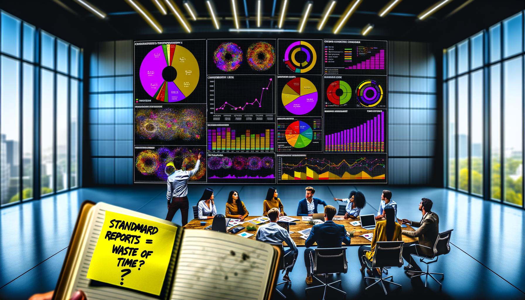 Junges, urbanes Marketingteam im modernen Büro analysiert bunte Dashboard-Datenvisualisierungen, während einer auf einen auffälligen Peak zeigt und ein Notizbuch mit kritischen Anmerkungen im Vordergrund liegt.