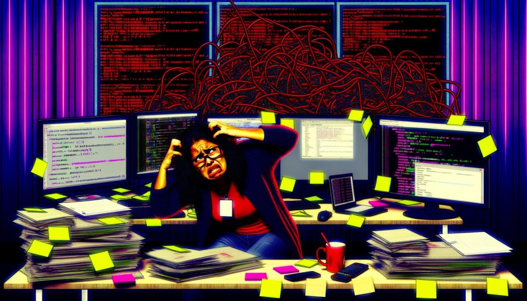 Gestresster Performance Marketer vor mehreren Monitoren mit Facebook CAPI-Fehlermeldungen und Debugging-Tools in einer nächtlichen, chaotischen Arbeitsumgebung