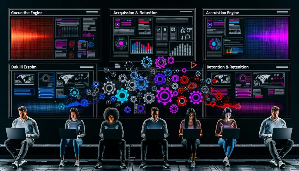 Düster-moderner Workspace mit digitalen Profis vor Laptops, umgeben von Daten-Dashboards, Robotergrafiken und Zahnrad einer Growth Engine.