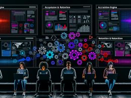 Düster-moderner Workspace mit digitalen Profis vor Laptops, umgeben von Daten-Dashboards, Robotergrafiken und Zahnrad einer Growth Engine.