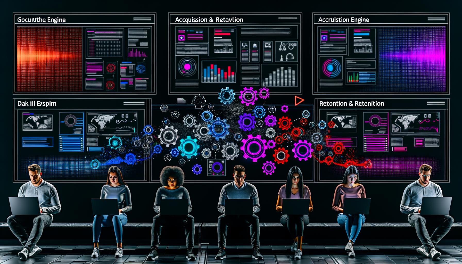 Düster-moderner Workspace mit digitalen Profis vor Laptops, umgeben von Daten-Dashboards, Robotergrafiken und Zahnrad einer Growth Engine.