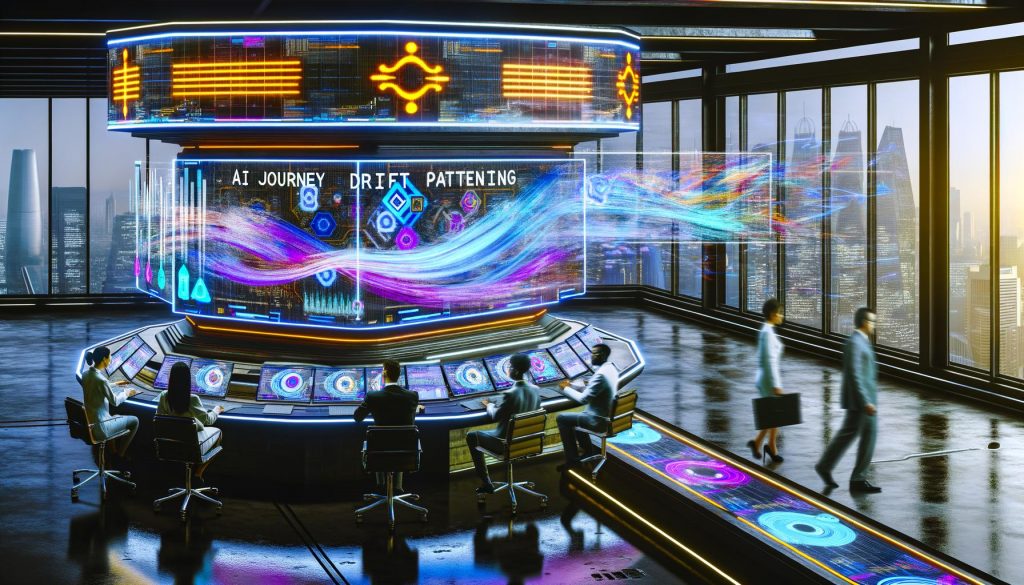 Futuristischer Arbeitsraum mit digitalem Dashboard, Marketer und Data Scientists analysieren lebendige AI-Drift-Datenströme. Neon-Schriftzug ‚AI Journey Drift Patterning‘ und 404 Magazine Logo im Hintergrund.