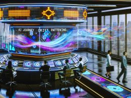 Futuristischer Arbeitsraum mit digitalem Dashboard, Marketer und Data Scientists analysieren lebendige AI-Drift-Datenströme. Neon-Schriftzug ‚AI Journey Drift Patterning‘ und 404 Magazine Logo im Hintergrund.