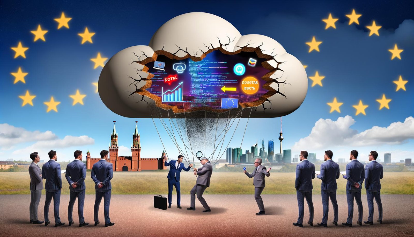 Satirische Illustration eines Cloud-Ballons über deutscher Skyline, gehalten von Marketern mit Präsentationen, während ein IT-Experte Risse und Marketing-Buzzwords inspiziert.