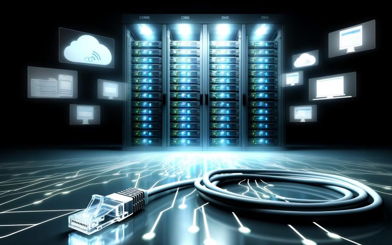 Grafische Darstellung eines Rechenzentrums mit halbtransparenten Serverracks, sichtbaren Datenströmen und holografisch projizierten Websites, unter bläulicher Beleuchtung, ergänzt durch ein leuchtendes Ethernet-Kabel im Vordergrund.